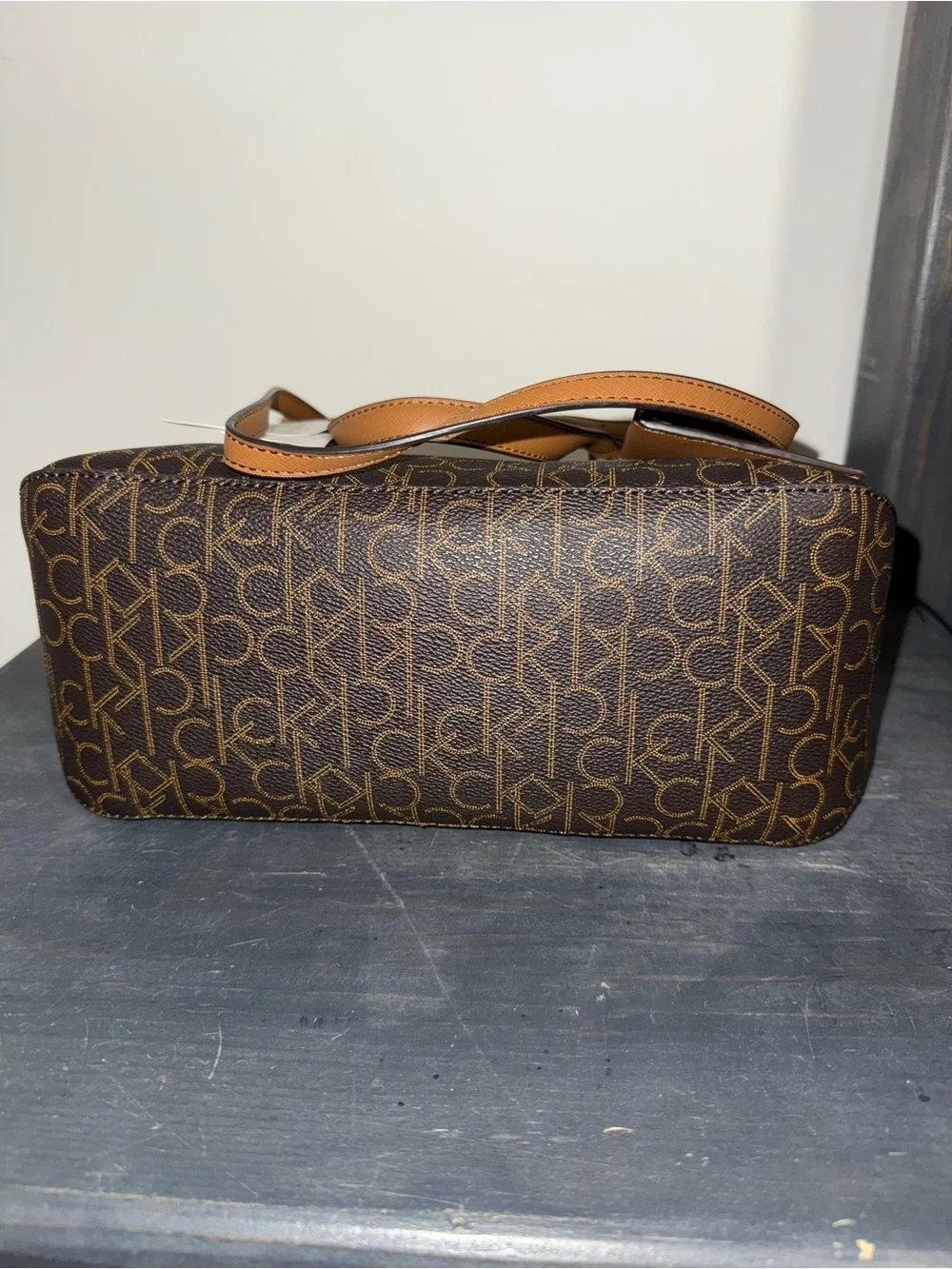 Calvin Klein Brown Logo Satchel with Tan Accents